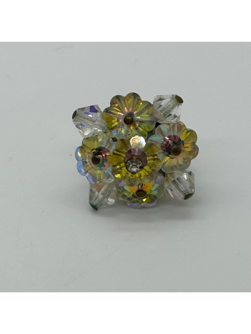 Vtg 1950s Aurora Borealis AB Crystal Cluster Marguerite Flower Clip On Earrings - Picture 6 of 14